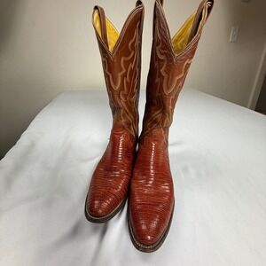 Vintage Justin Lizard Skin Western Boots Men's 9B Brown USA Made Style 8303